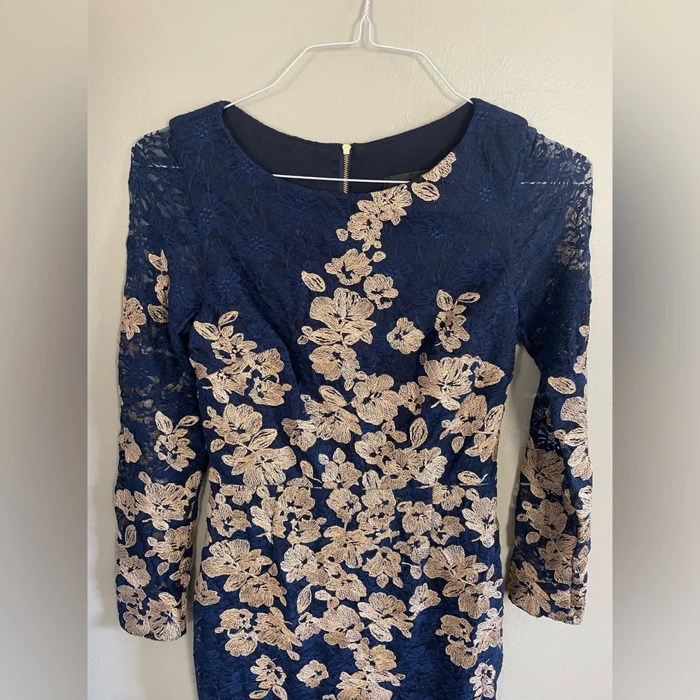 WORN on TV Navy and Gold Lace Dress AVERY G